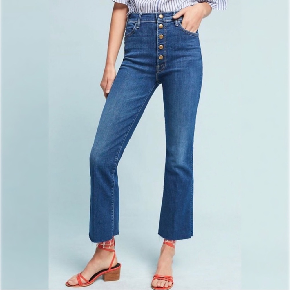 Mother Hustler Snap Button Fly Ankle Fray Flare Medium Kitty Denim Blue Jeans